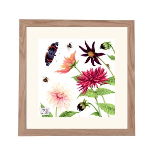 Dahlia print Botanical watercolour 7 x 7 Flowers, buds, butterfly and bees Print of a watercolor by Helen Lush Dahlia Dance image 6