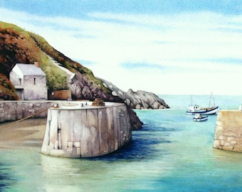 Puerto de Porthgain / Impresión de archivo / 25,4 x 18,8 cm / Pintura paisajística de Gales / Arte mural pequeño / Acuarela marina del puerto galés