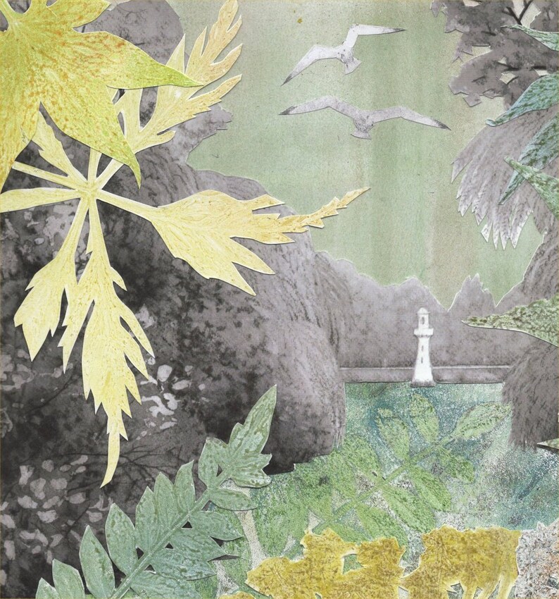 Fine art print Collage of Roath Park Lake Cardiff Welsh landscape Botanical print Mono print Leaves /& flowers Scott Memorial