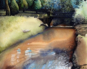 Roath Park Iron Bridge | Archival print | 7.5" x 10" | Reproduction of landscape painting by Helen Lush | Landscape of Wales