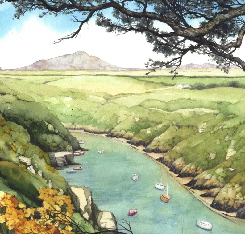 Porthclais Harbour Pembrokeshire Archival print Welsh coast watercolour painting 7 x 7 Pembrokeshire art Wales seaside scene image 3