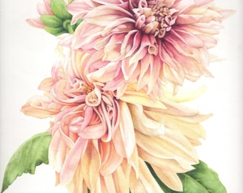 Botanical art print | Cream dahlias | 7" x 10" | Archival print | Flower print | Watercolor print | Small wall art | Cafe au Lait dahlias