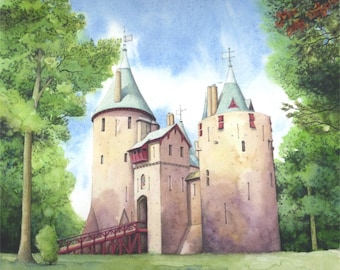 Painting of Castell coch Cardiff | Original watercolour castle | Castle painting | 9" x 9" | Fairytale castle in Wales | Welsh landscape.