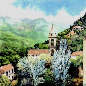 Serra watercolour | Original painting | Corsican art | Serra Corse | Corsican mountain picture | Mediterranean village | Corsica watercolor