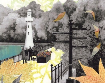 Roath Park Lake Cardiff| Scott Memorial | Original monoprint collage| Welsh landscape | Botanical print | Garden leaves and flowers | OOAK