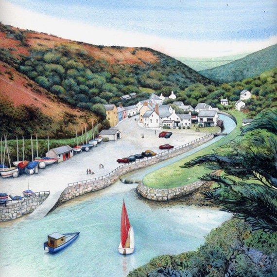Solva Harbour archival print | Pembrokeshire painting | 7" x 7" | Welsh art | Painting of Wales | Fine art print | Seaside boat watercolor