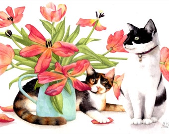 Cats amongst the Tulips | Print of a watercolour painting | 10" x 7" | Art print from a watercolor by Helen Lush | Cats and Flowers picture