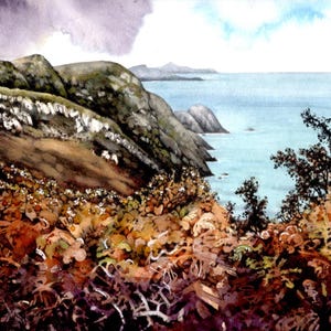 Dipinto originale Pwll Deri / Costa del Pembrokeshire, Galles / Acquerello della costa gallese di Helen Lush / Paesaggio ad acquerello / 9" x 9"
