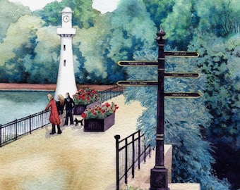 Scott Memorial Roath park | Arkivtryck | 18 x 25 cm | Roath Park Lake Lighthouse | Walesisk landskapsmålning | Akvarell i Cardiff