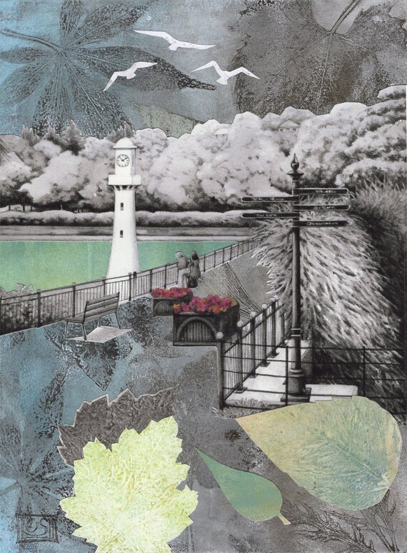 Roath Park Lake Cardiff Scott Memorial Monoprint Collage Etsy