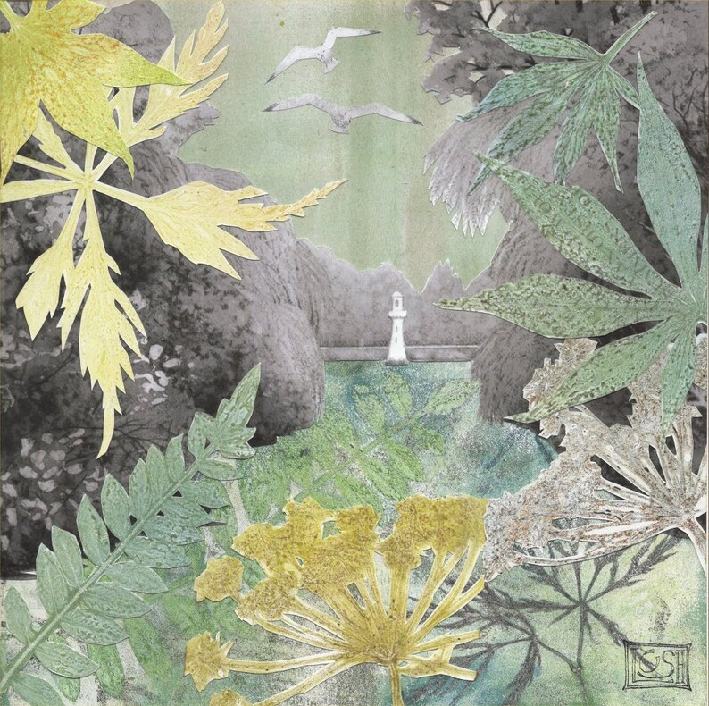 Fine art print Collage of Roath Park Lake Cardiff Welsh landscape Botanical print Mono print Leaves /& flowers Scott Memorial