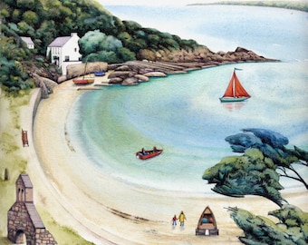 Tryck av Cwm yr Eglwys | Arkivtryck | Akvarellmålning vid walesiska kusten | 18 x 18 cm | Pembrokeshire-konst | Strandscen