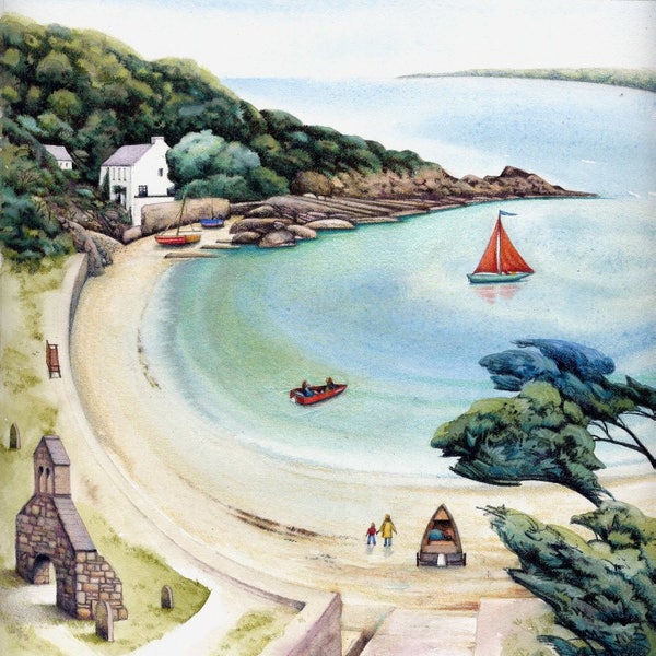 Cwm yr Eglwys print | Archival print | Welsh coast watercolour painting | 7" x 7" | Pembrokeshire art | Seaside beach scene