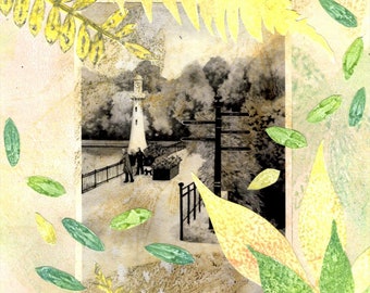 Original collage | Scott Memorial Roath Park Cardiff | Gold and green leaves and flowers | 11" x 14" including mount | Monoprint collage