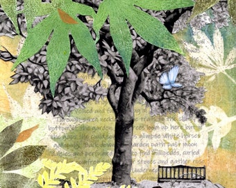 Magnolia tree, Roath Park, Cardiff | Original collage | Garden leaves and flower monoprints | 14" x 11" |  Botanical collage | OOAK