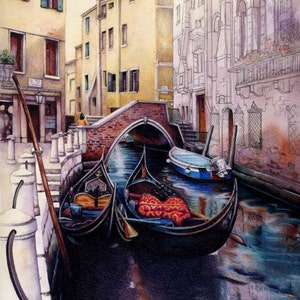 Venice canal Archival print Gondolas Watercolour painting Italy 7 x 10 Venetian landscape by Helen Lush Small wall art image 1