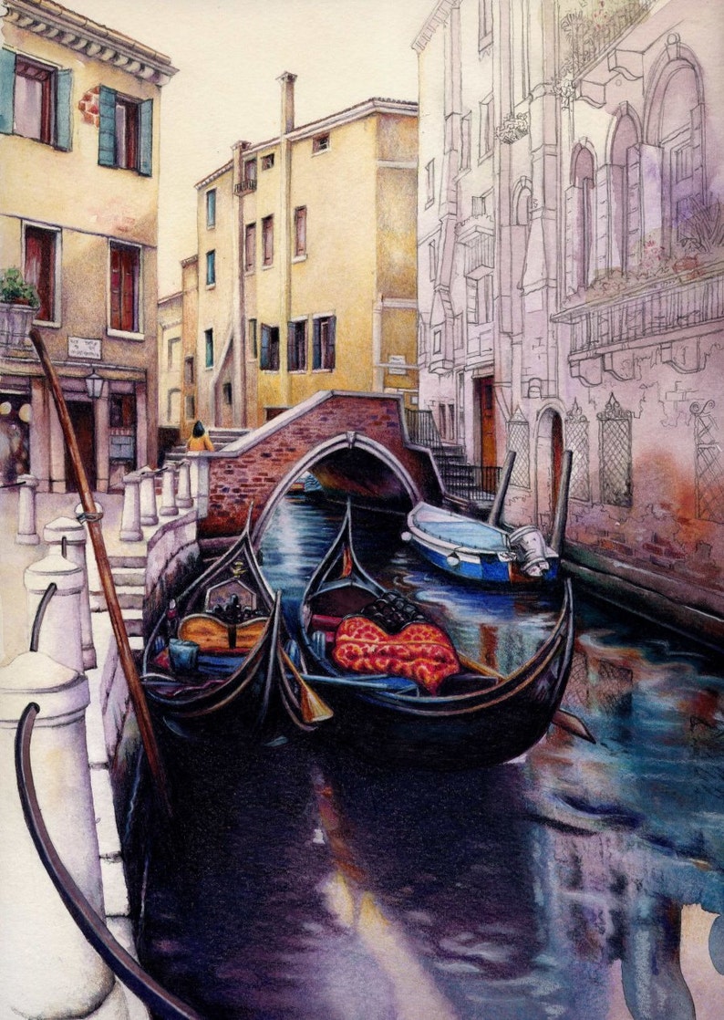 Venice canal Archival print Gondolas Watercolour painting Italy 7 x 10 Venetian landscape by Helen Lush Small wall art image 1