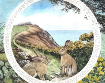 Brown Hares, Pwll Deri, Pembrokeshire | Archival Print | 7" x 7" | Welsh coastal seascape | From a watercolour with words by Helen Lush