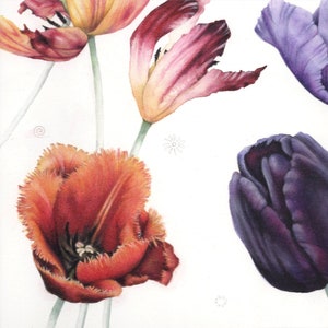 May include: Watercolor painting of tulips in shades of red, orange, and purple against a white background. The flowers have detailed petals and green stems. The composition includes a variety of tulip blooms, showcasing their textures and colors.
