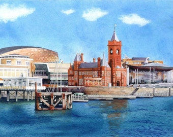 Bahía de Cardiff / Impresión de archivo / 25,4 x 18,8 cm / De una acuarela de Helen Lush / Edificio Cardiff Pierhead, Senedd, Centro del Milenio