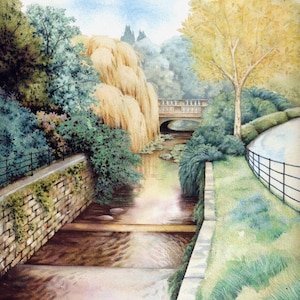 Water Steps Roath Park | Archival print | Welsh landscape | 7&quot; x 7&quot; | Cardiff view | Fine art print | Watercolor by Helen Lush
