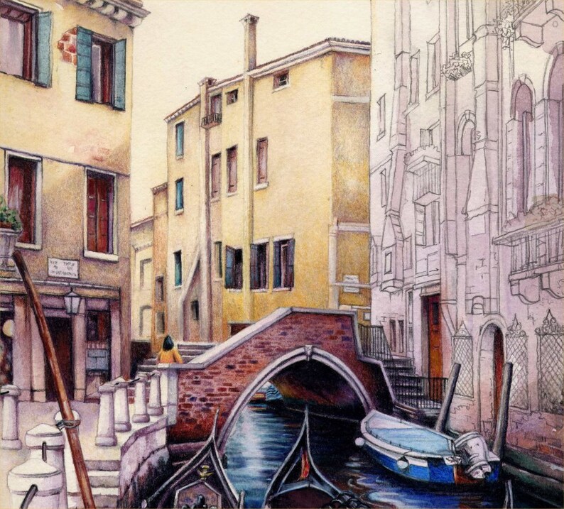 Venice canal Archival print Gondolas Watercolour painting Italy 7 x 10 Venetian landscape by Helen Lush Small wall art image 3