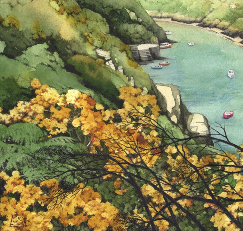 Porthclais Harbour Pembrokeshire Archival print Welsh coast watercolour painting 7 x 7 Pembrokeshire art Wales seaside scene image 2