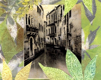 Original collage | Venice Canal | Gold and green leaves and flowers | 11" x 14" including mount | Monoprint collage | Venetian view