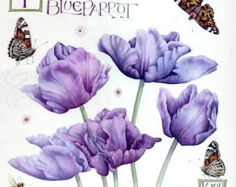Blue Parrot Tulips | Original watercolour | Botanical painting | 9" x 9" | Flowers Butterflies and Bees | Flower Watercolor | Helen Lush