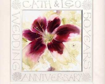 Wedding or Anniversary gift | Red Lily | Personalised Calligraphy | Flower print | 9.5" x 9.5" | Handwritten message | Botanical art