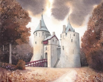 Archival print of Castell Coch Cardiff | From a watercolour by Helen Lush | 7" x 7" | Fairytale castle in Wales | Welsh autumnal landscape