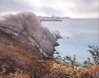 Pwll Deri Archival print | Pembrokeshire watercolour | Painting of Wales | Welsh coast | Pembrokeshire Coast Path | Autumn seascape