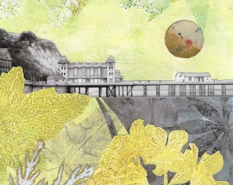 Penarth Pier Wales | Original golden collage | Garden leaves and flower monoprints | 14" x 11" | One of a kind artwork |  Botanical collage