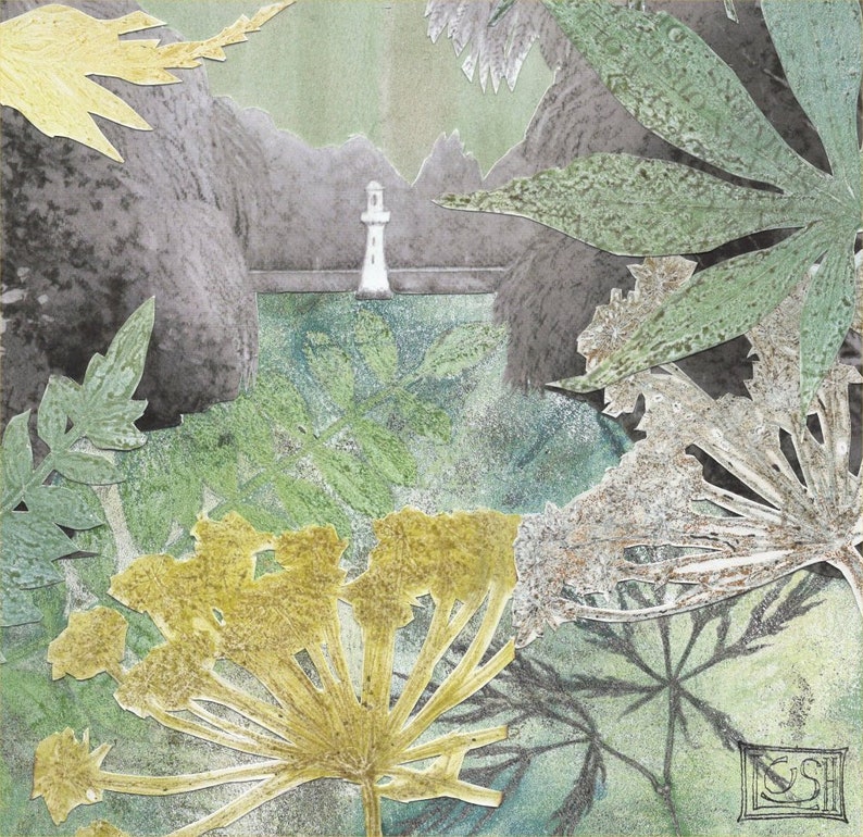 Fine art print Collage of Roath Park Lake Cardiff Welsh landscape Botanical print Mono print Leaves /& flowers Scott Memorial