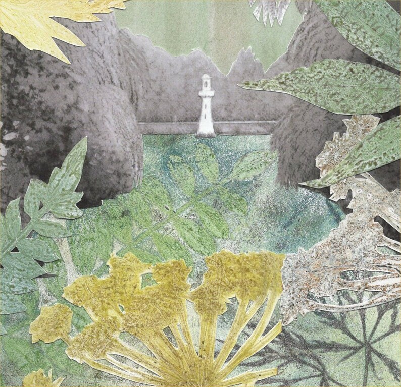 Fine art print Collage of Roath Park Lake Cardiff Welsh landscape Botanical print Mono print Leaves /& flowers Scott Memorial