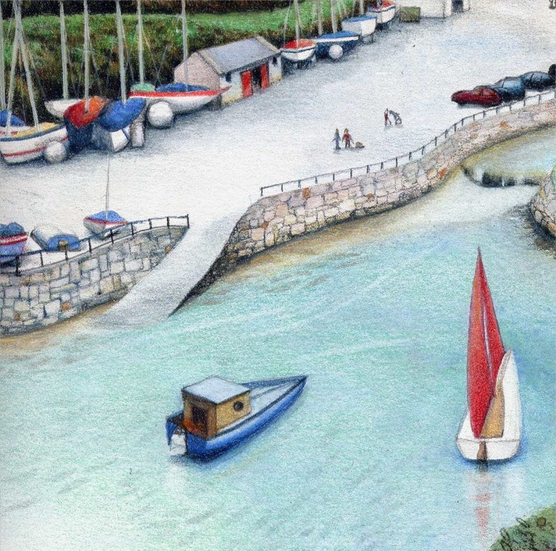 Arkivtryck från Solva hamn | Pembrokeshire-målning | 18 x 18 cm | Walesisk konst | Målning av Wales | Konsttryck | Akvarell båt vid havet bild 4