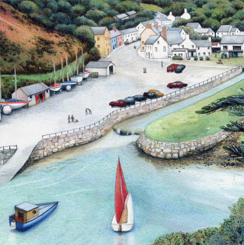 Arkivtryck från Solva hamn | Pembrokeshire-målning | 18 x 18 cm | Walesisk konst | Målning av Wales | Konsttryck | Akvarell båt vid havet bild 2