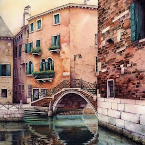 Venetian canal | Archival print | 7.5" x 9"  | Italian painting by Helen Lush | Ponte Storto Venice | Watercolour reflection | Canal bridge