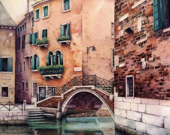 Venetian canal | Archival print | 7.5" x 9"  | Italian painting by Helen Lush | Ponte Storto Venice | Watercolour reflection | Canal bridge