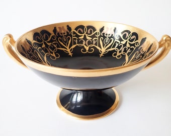 Vintage Hand-Painted Black and Gold Glazed Footed Fruit Bowl with Handles