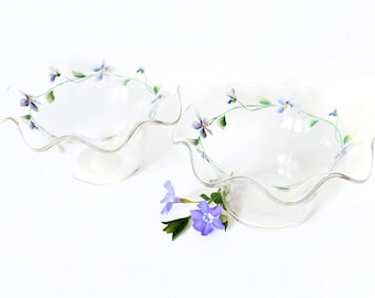 Pair of Vintage Hand-Painted Ruffled-Edge Glass Bowls with Violet Garland Design