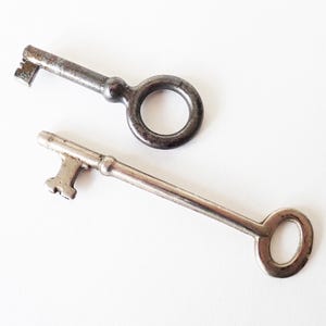 May include: Two antique keys with circular handles and intricate key heads rest on a white surface. One key is dark gray, the other is silver. The keys are likely vintage or decorative.
