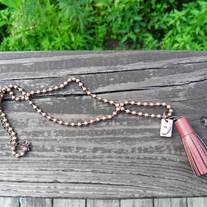 Brown leather tassel necklace with a wish for the moon charm/copper/long layering necklace/tassel necklace/boho/bohemian/hippie/antique