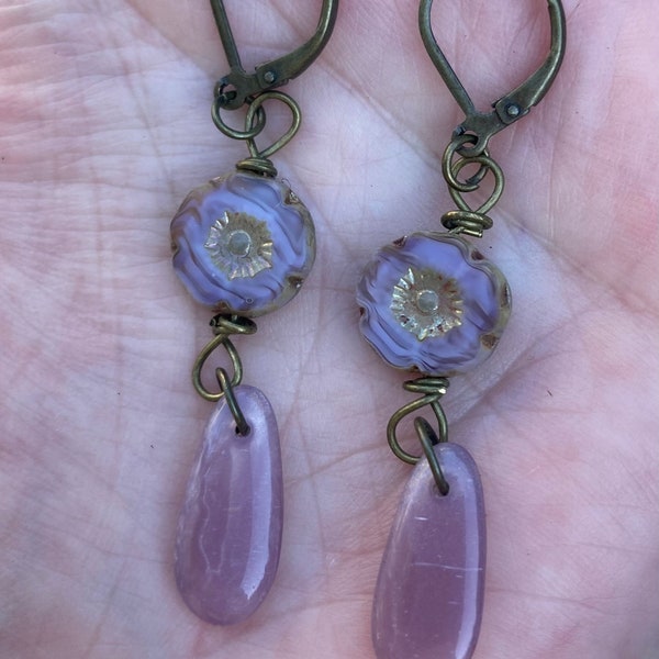 Purple Czech glass flower earrings/romantic/feminine/delicate/flowers/Summer/Spring/long dangle earrings/violet earrings