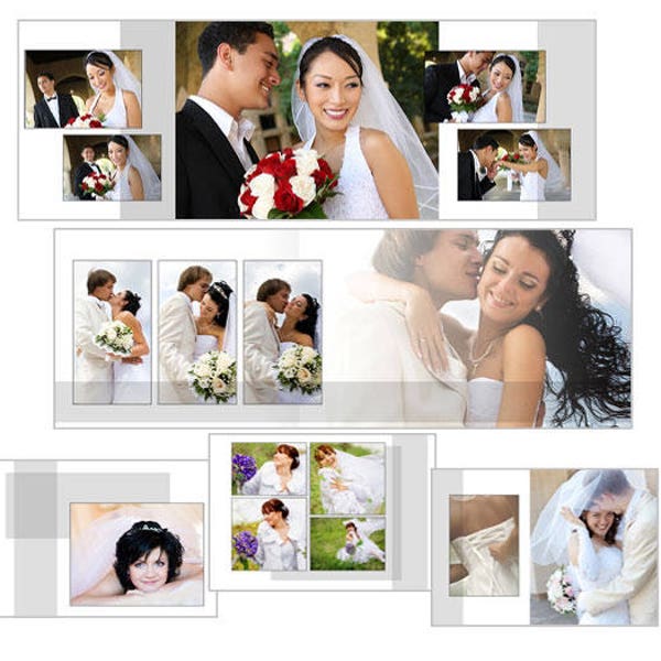 107 collection of different wedding album templates as PSD layered files, ready to use in Canva, easy to customize and edit, modern design