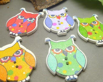 Lot of 10 Owl Wooden Buttons Perfect for Sewing , Scrapbooking, Crafts, Assorted Wood Buttons - 33mm x 25mm - Multicolors - BT01