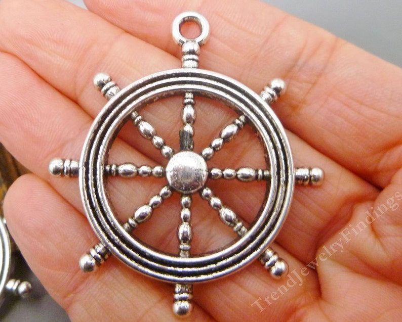2 LARGE Nautical Pendant Antique Silver Tone Ship Wheel Charms MC0427