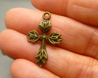 10 Bronze Tone Cross Charms  with leaf accents - Baptism charms - First Communion  Pendant - MC1269