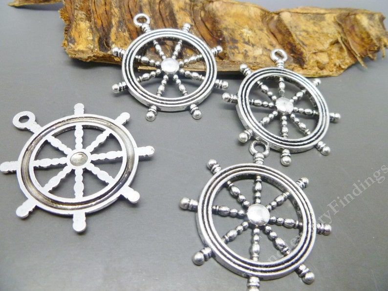 2 LARGE Nautical Pendant Antique Silver Tone Ship Wheel Charms MC0427