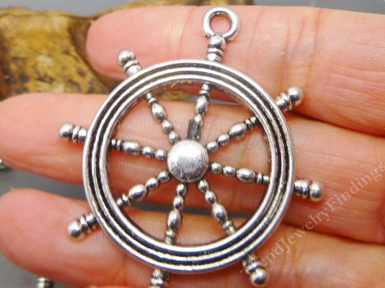 2 LARGE Nautical Pendant Antique Silver Tone Ship Wheel Charms MC0427